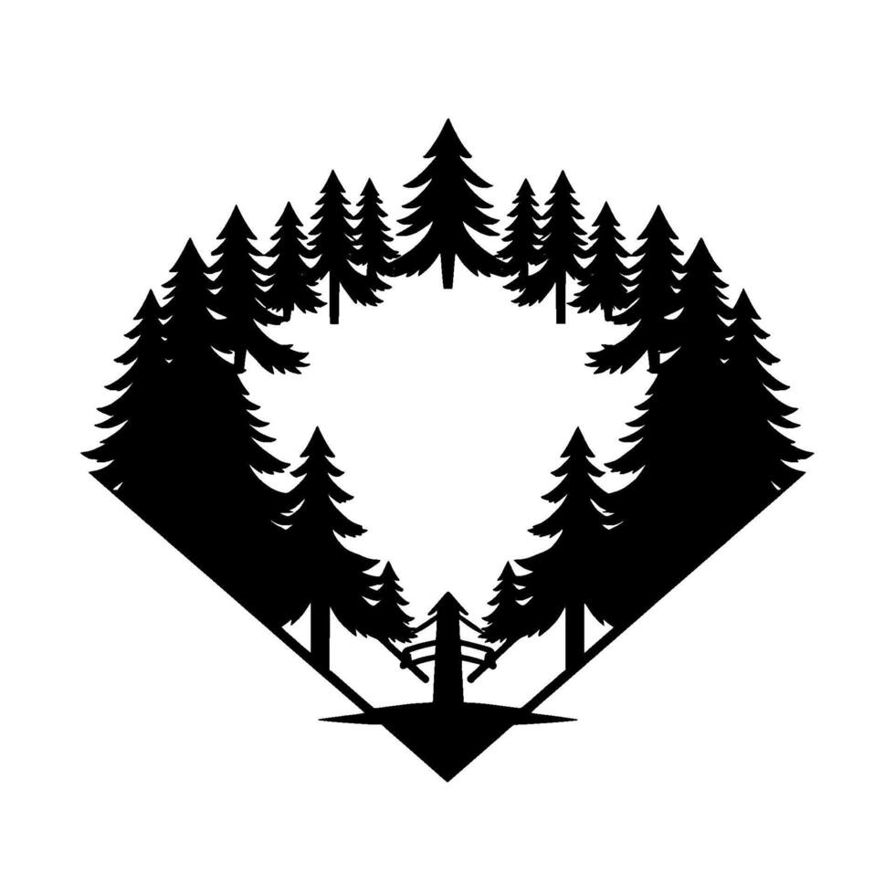 Silhouette of a forest within a diamondshaped frame, showcasing symmetrical pine trees in a minimalist style. vector