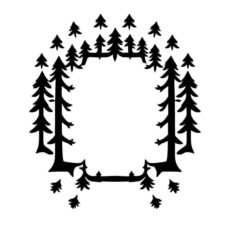Stylized, black and white forest arrangement forming a frame silhouettes of pine trees outline the image, creating a circular composition. vector