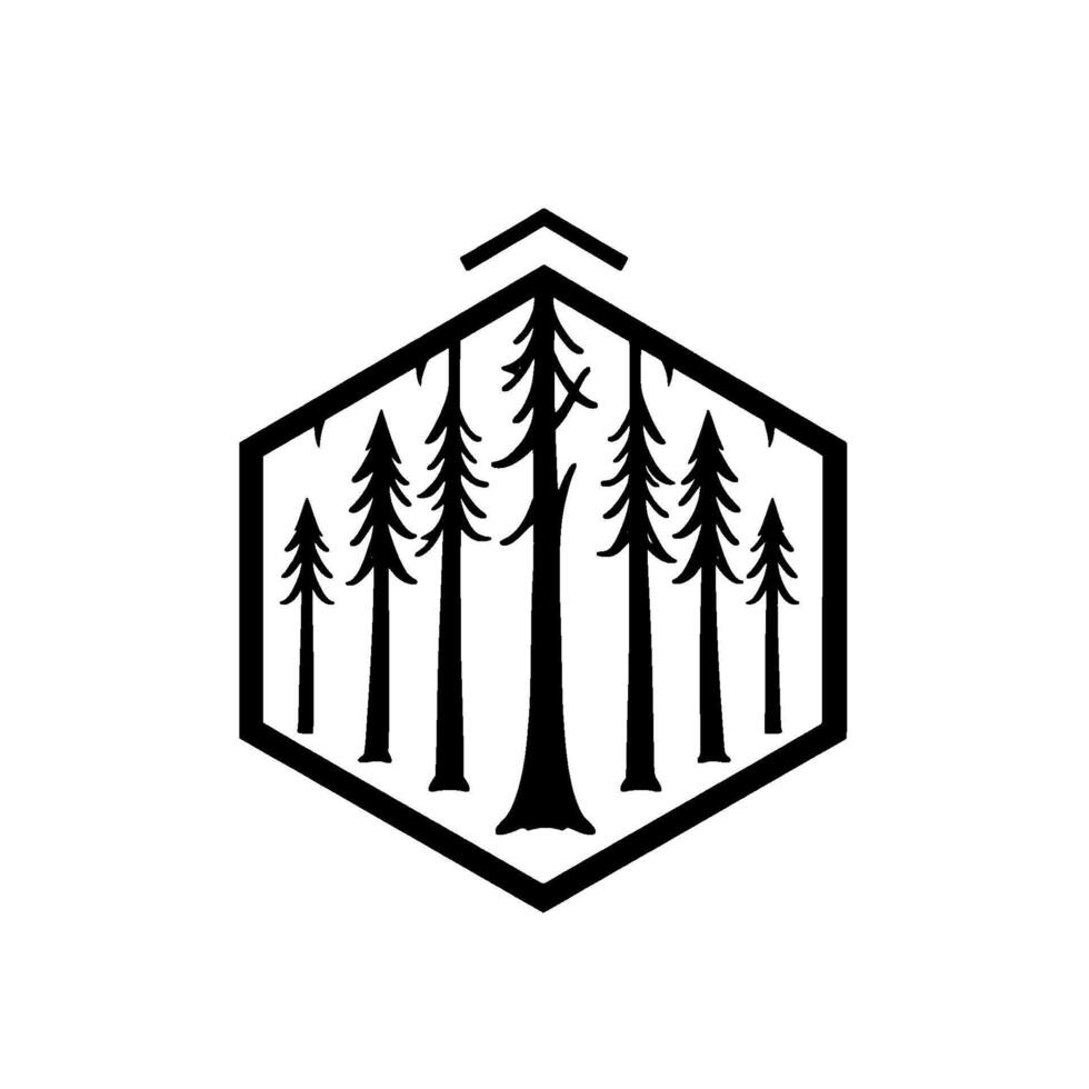 Black and White Geometric Featuring Forest Scene Pine Trees Enclosed within Hexagon Frame with Ascent Arrow Element. vector