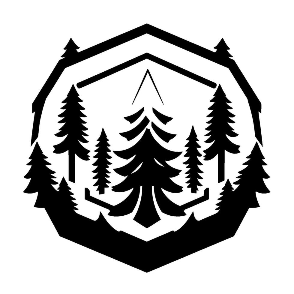 Stylized Black White Geometric Pine Tree Forest Silhouette within an Octagonal Frame, Nature . vector