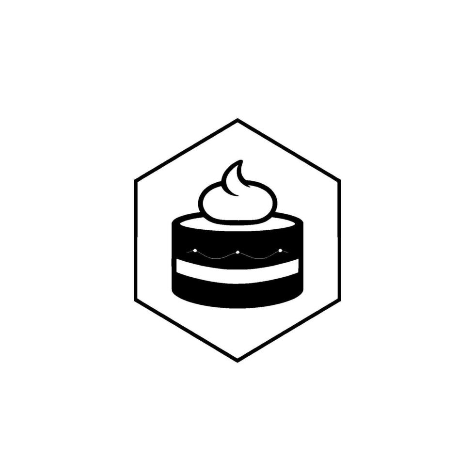 Black and white minimalist cake within a hexagonal frame, featuring cream swirl topping and decorative border. vector