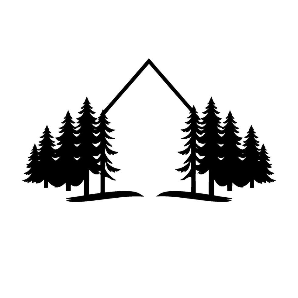 Minimalist black and white illustration of a stylized cabin silhouette framed by evergreen trees, evoking nature and the outdoors. vector