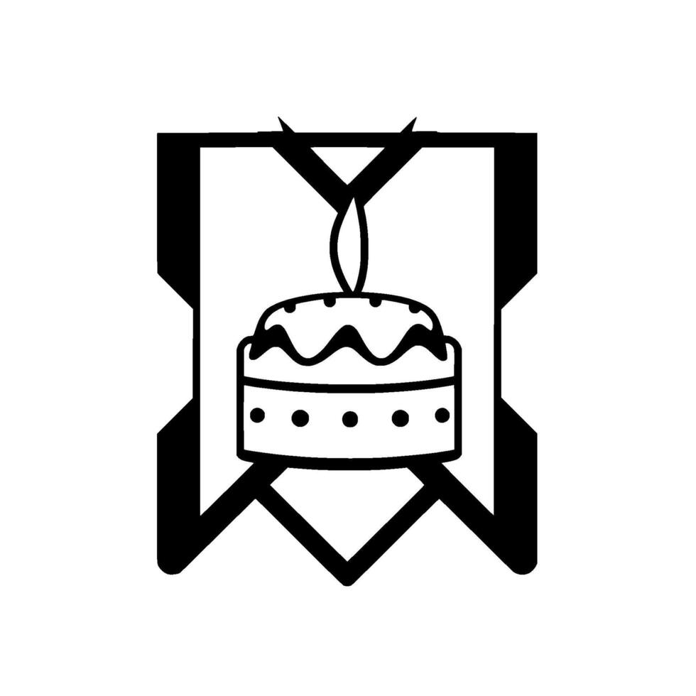 Black and white minimalist illustration of a birthday cake with a lit candle, enclosed within a geometric badgelike frame, symbolizing celebration. vector