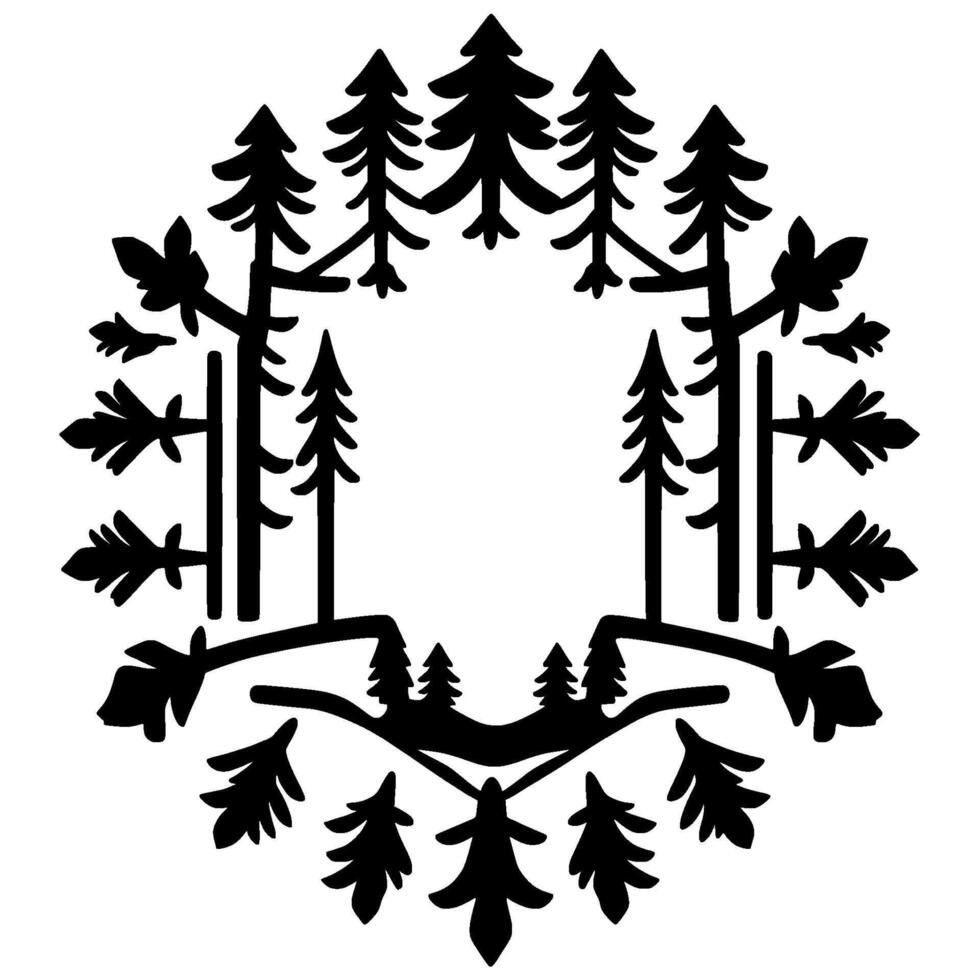 Intricate Black Silhouette of Forest Foliage Forming a Circular, Decorative Composition on White Background, Emphasizing Nature. vector
