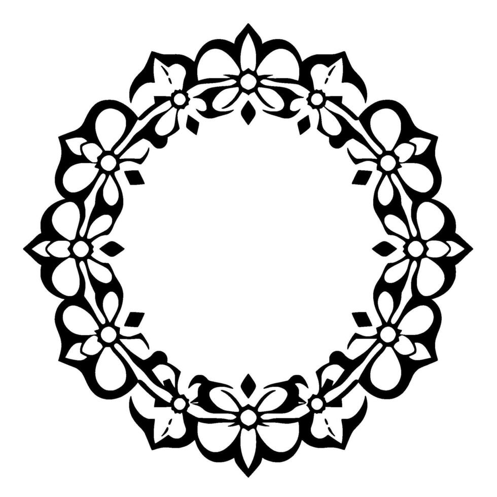 Intricate Circular Floral Black and White Illustration of a Decorative Border with Stylized Flowers and Leafy Elements in a Geometric Arrangement. vector
