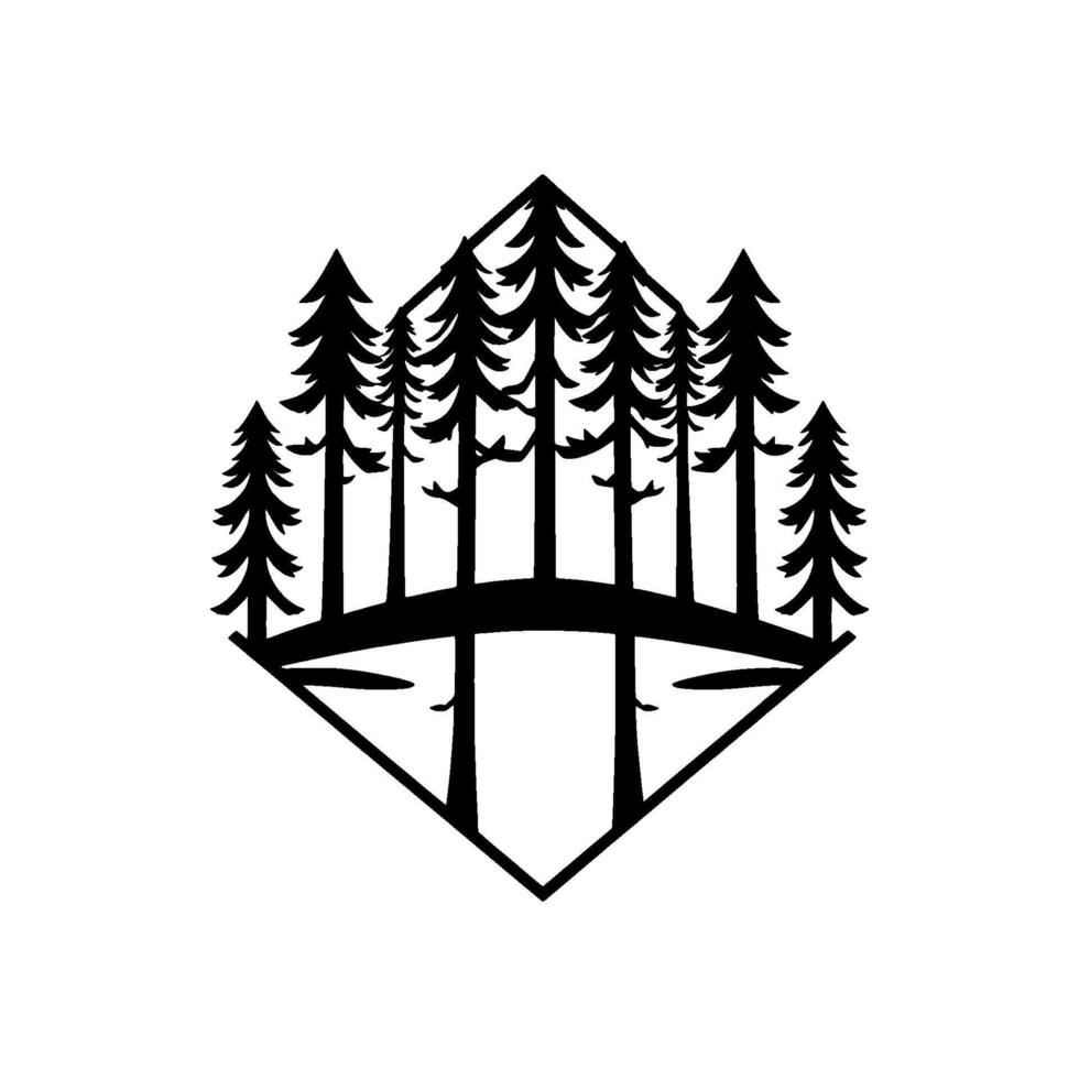 Minimalist black and white naturethemed emblem, featuring stylized coniferous trees on a stylized hill with reflective water in a diamond frame. vector