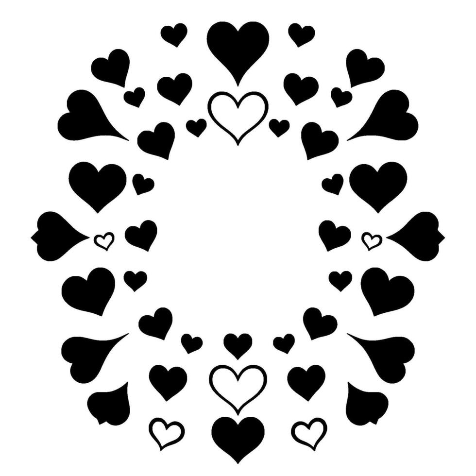 A monochromatic heartshaped wreath , featuring varied sizes and styles of black and white heart illustrations on a clean white background. vector
