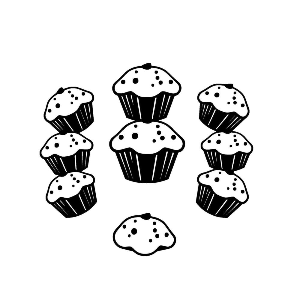 Black and White Muffin Arrangement Circular Composition of Baked Goods on a White Background, vector