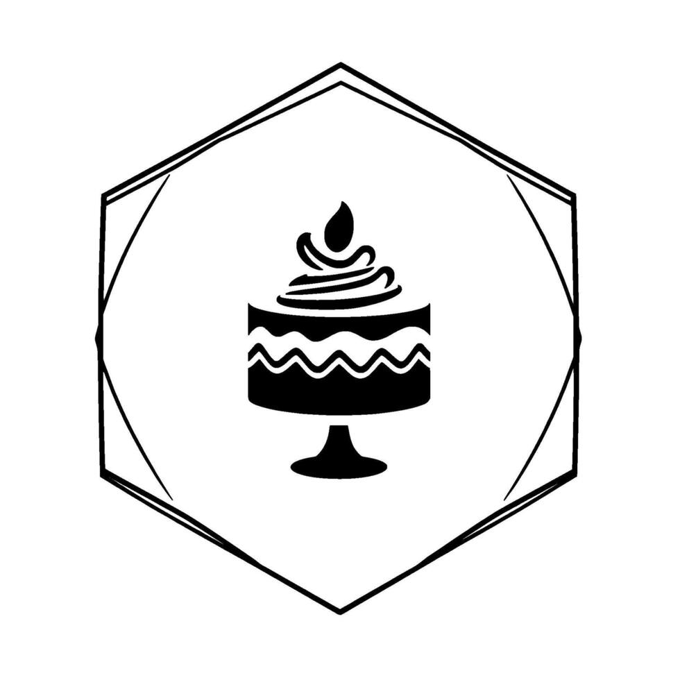Black and white minimalist cake inside a hexagon frame, perfect for bakery branding and logos with a sweet and elegant aesthetic. vector