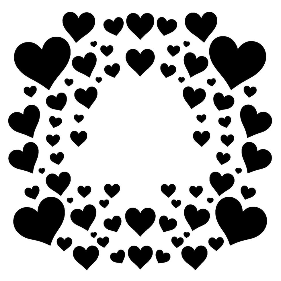 Black hearts of various sizes arranged in a circular pattern on a white background, creating a visual frame. vector