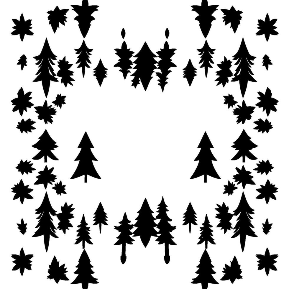 Silhouetted Pine Trees and Floral Elements Forming a Circular Border on a White Background, Creating a Decorative Forest Arrangement. vector