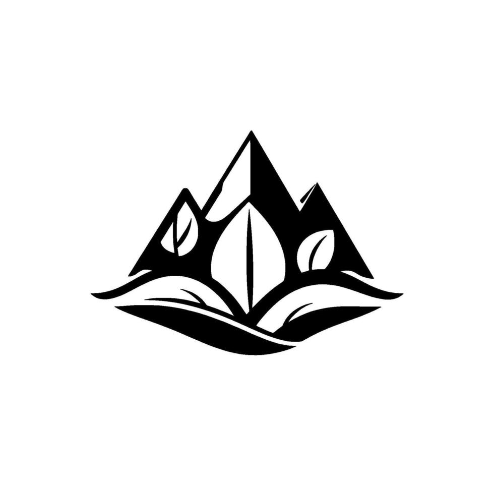 Minimalist Black White Mountain Peaks with Leaf Integration for Natural, Organic Concepts. vector