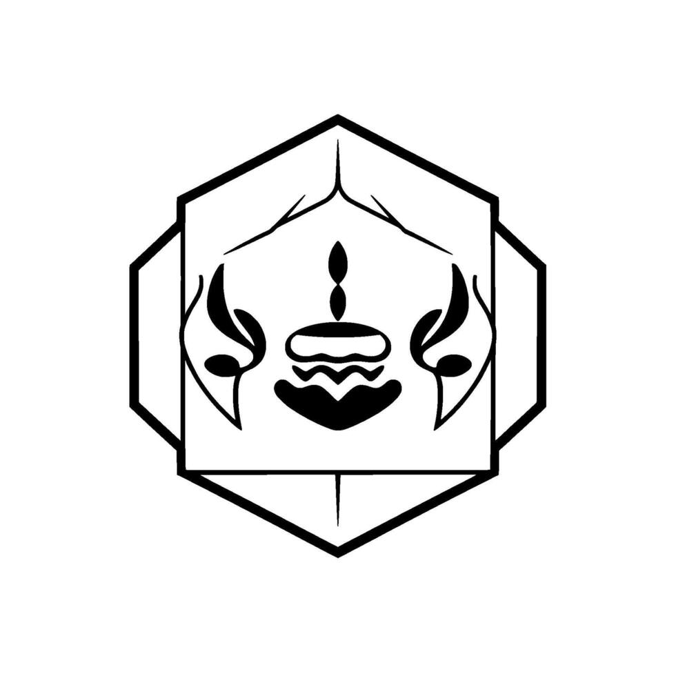 Minimalist Black and White Illustration of a Decorated Cake with a Candle and Foliage within a Geometric Hexagon Frame vector