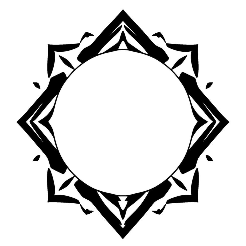 Ornate Black and White Mandala A symmetrical, geometric featuring an outer starlike frame encircling a central, blank white circle. vector