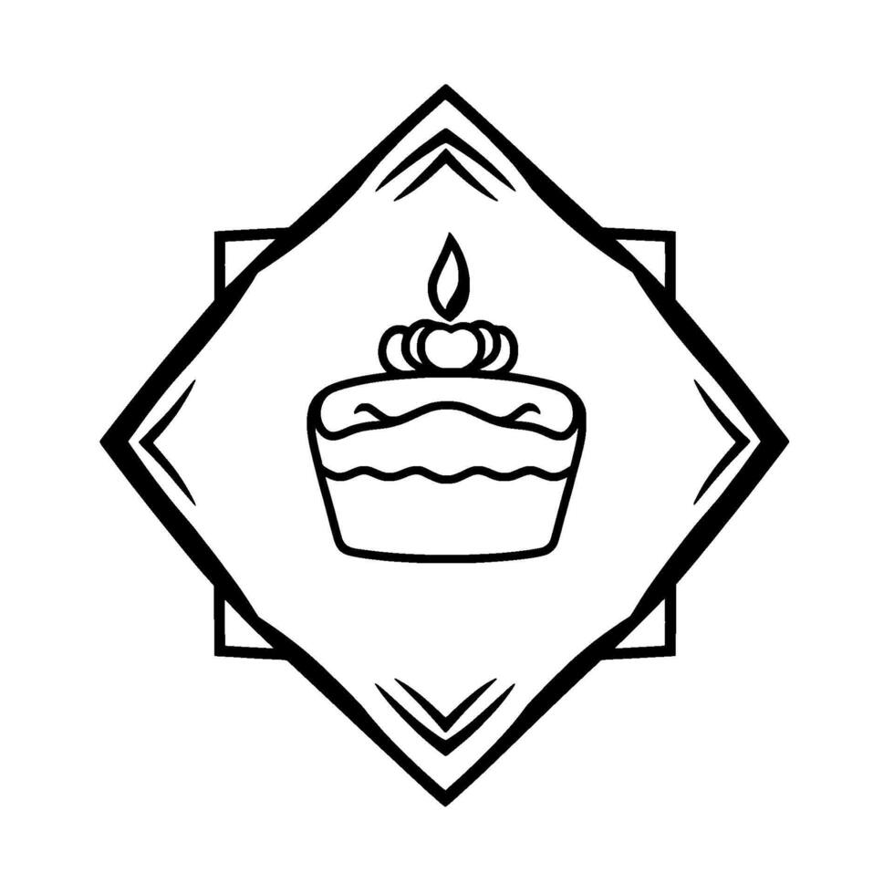 Black and white diamondframed illustration of a birthday cake with a candle on top, perfect for celebration and branding. vector