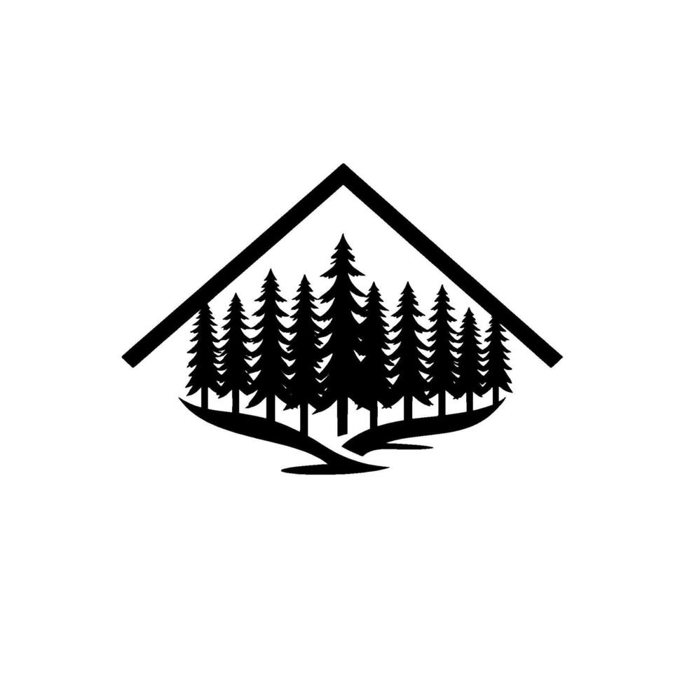 Silhouette of a coniferous forest framed by a stylized house roofline, minimalist for nature and outdoors. vector