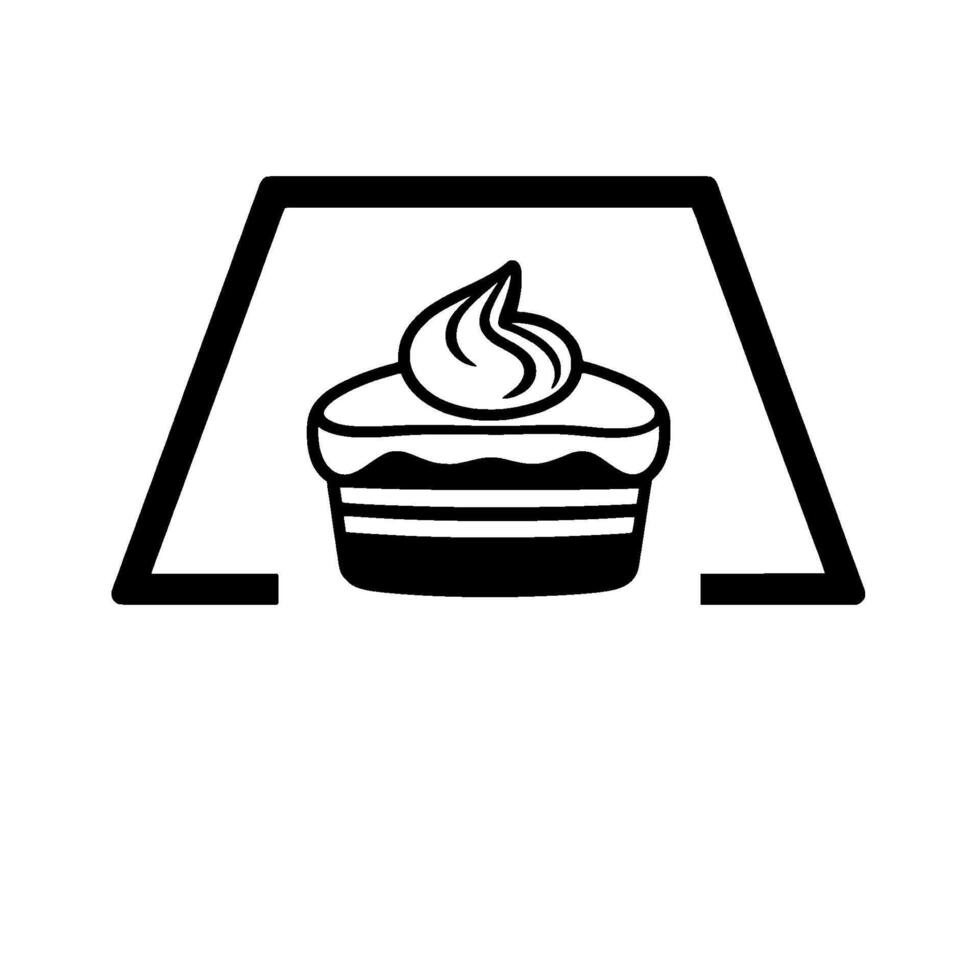 A stark black and white minimalist illustration depicting a cupcake enclosed within a geometric, stylized frame. vector