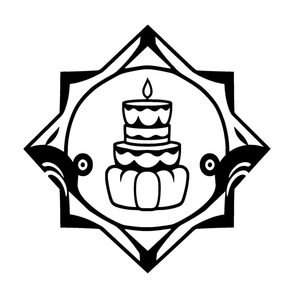 Black and white geometric illustration of a layered cake with a lit candle, enclosed within a starshaped frame with decorative elements. vector
