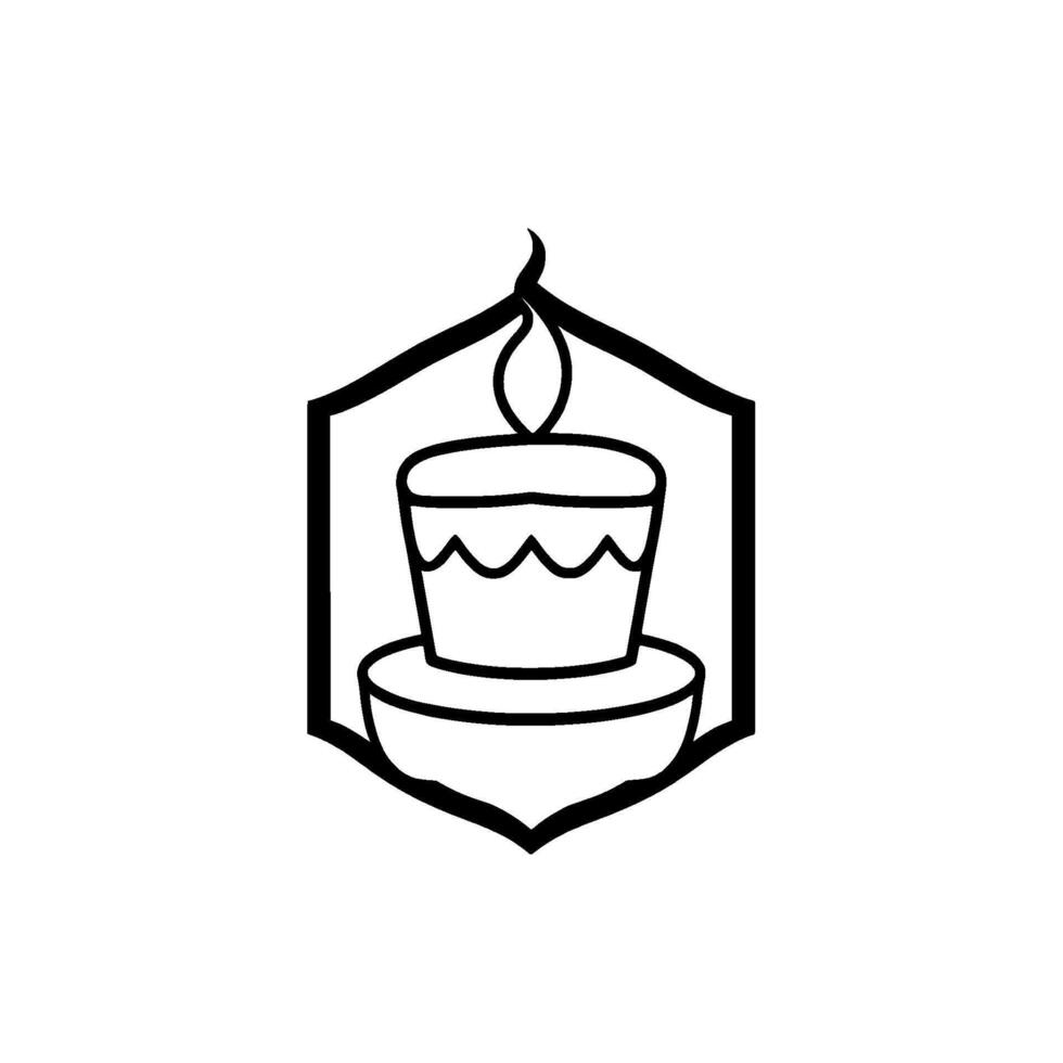 Stylized Black and White Birthday Cake with Candle Inside a Decorative Shield Shape, Minimalist , Perfect for Logos and Branding. vector