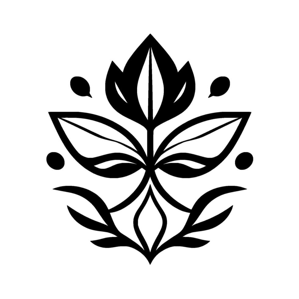 Symmetrical Black and White Floral with Leaf and Orb Accents on White Background Minimalist Art. vector