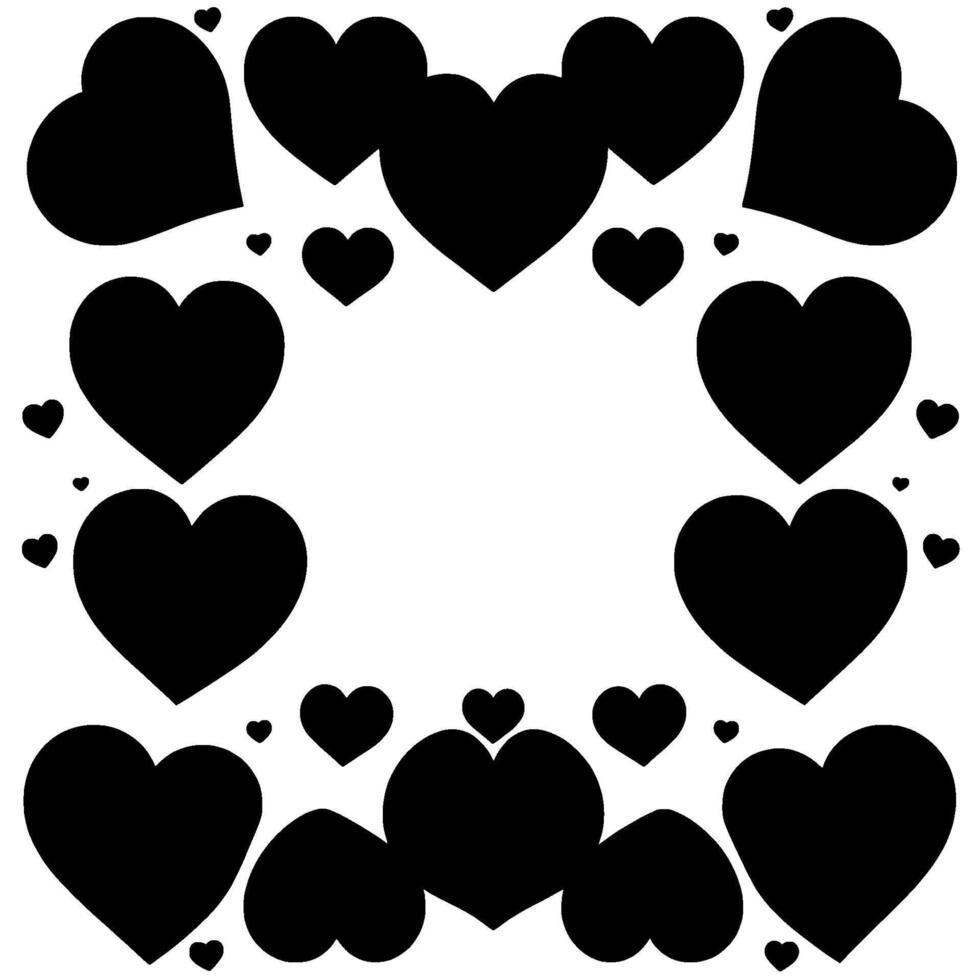 A symmetrical border of varyingsized, solid black hearts arranged on a white background, creating a frame effect with negative space. vector