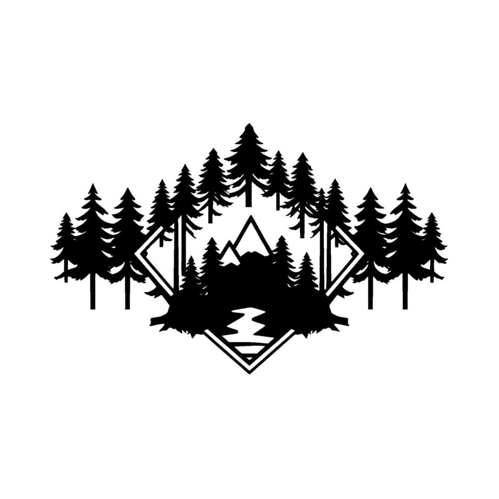 Stylized black and white symmetrical nature illustration of pine trees, mountain peaks, and a river contained within a diamond frame, evoking a serene wilderness scene. vector
