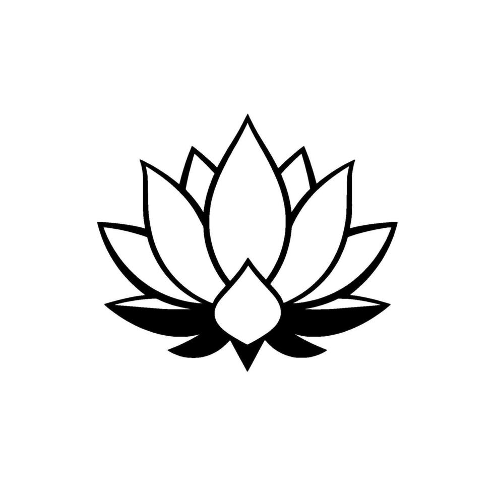 Simple Black and White Lotus Flower Illustration, Symmetry, Clean Lines, Calm, Isolated on White Background. vector