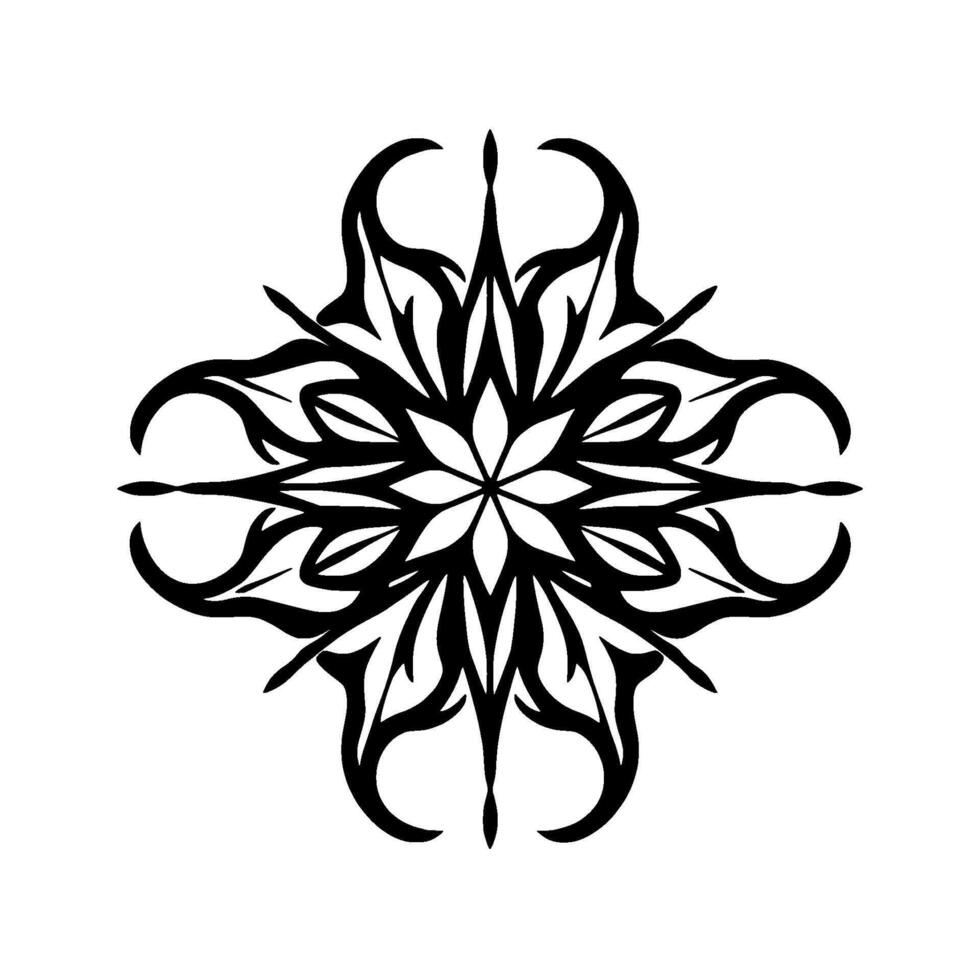 Symmetrical black and white ornamental featuring a stylized floral motif, intricate details, and a tribal aesthetic set against a white backdrop. vector