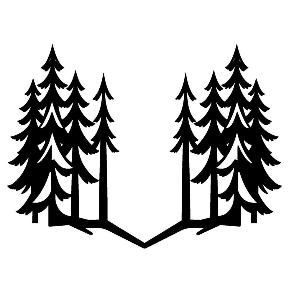 Silhouetted Pine Trees Facing Each Other, Creating a Symmetrical Forest Scene in Black and White, Isolated on White Background. vector