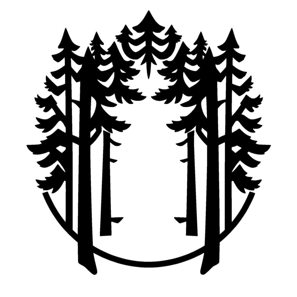Silhouetted Pine Trees Forming a Circular Forest Composition, Depicting Natures Tranquility, Illustrated in Black White. vector