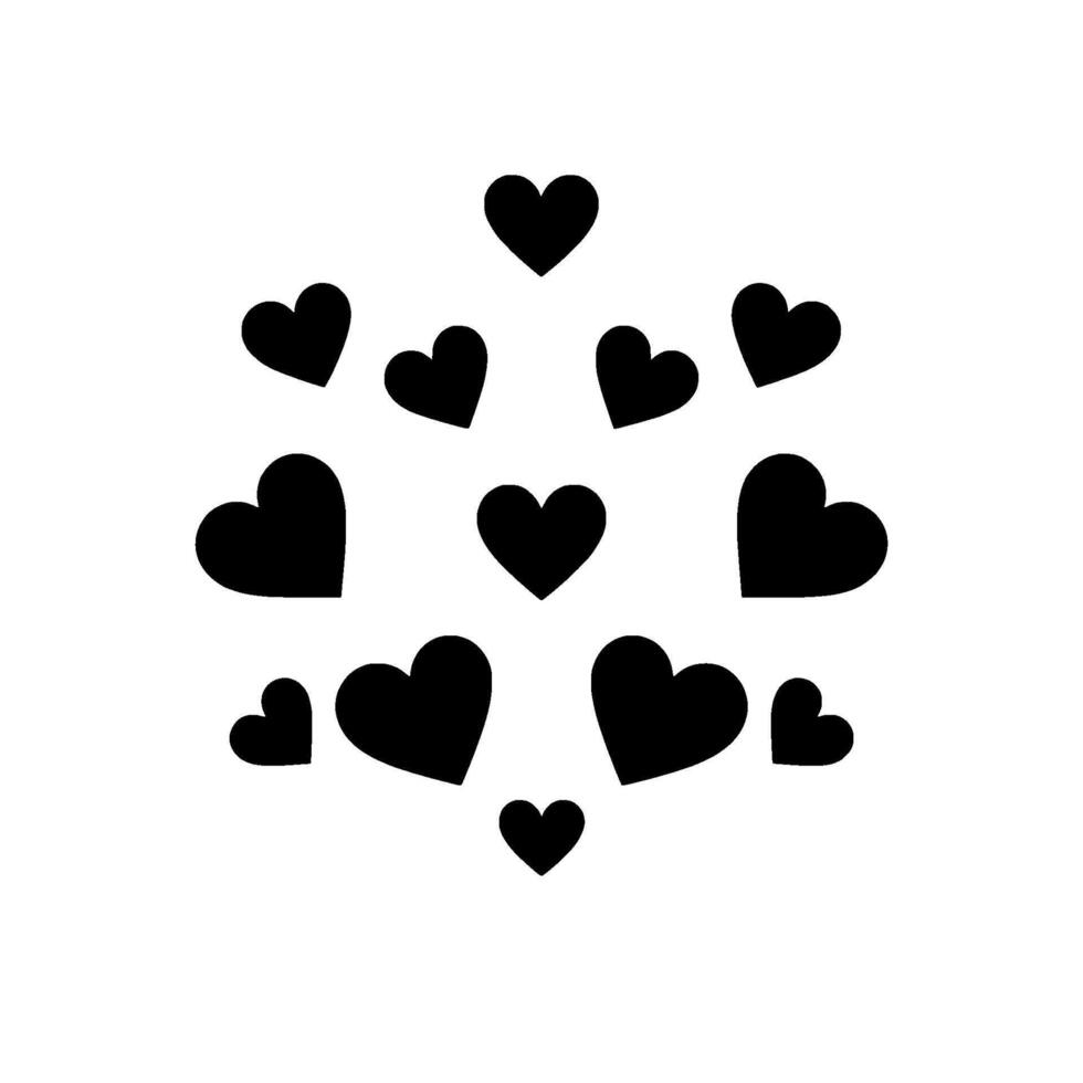 A cluster of black heart silhouettes float against a stark white background, forming an arrangement. vector