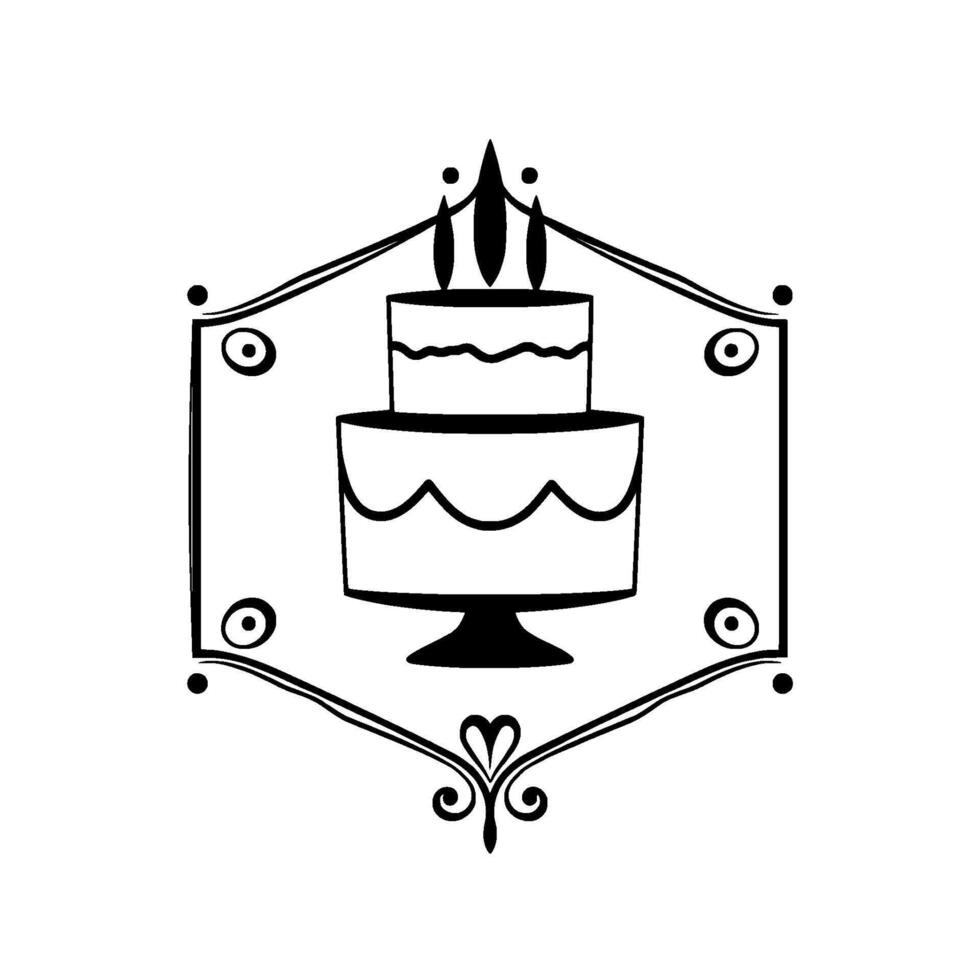 Elegant Black and White TwoTiered Cake with Candles Inside a Decorative ShieldLike Frame, Isolated. vector
