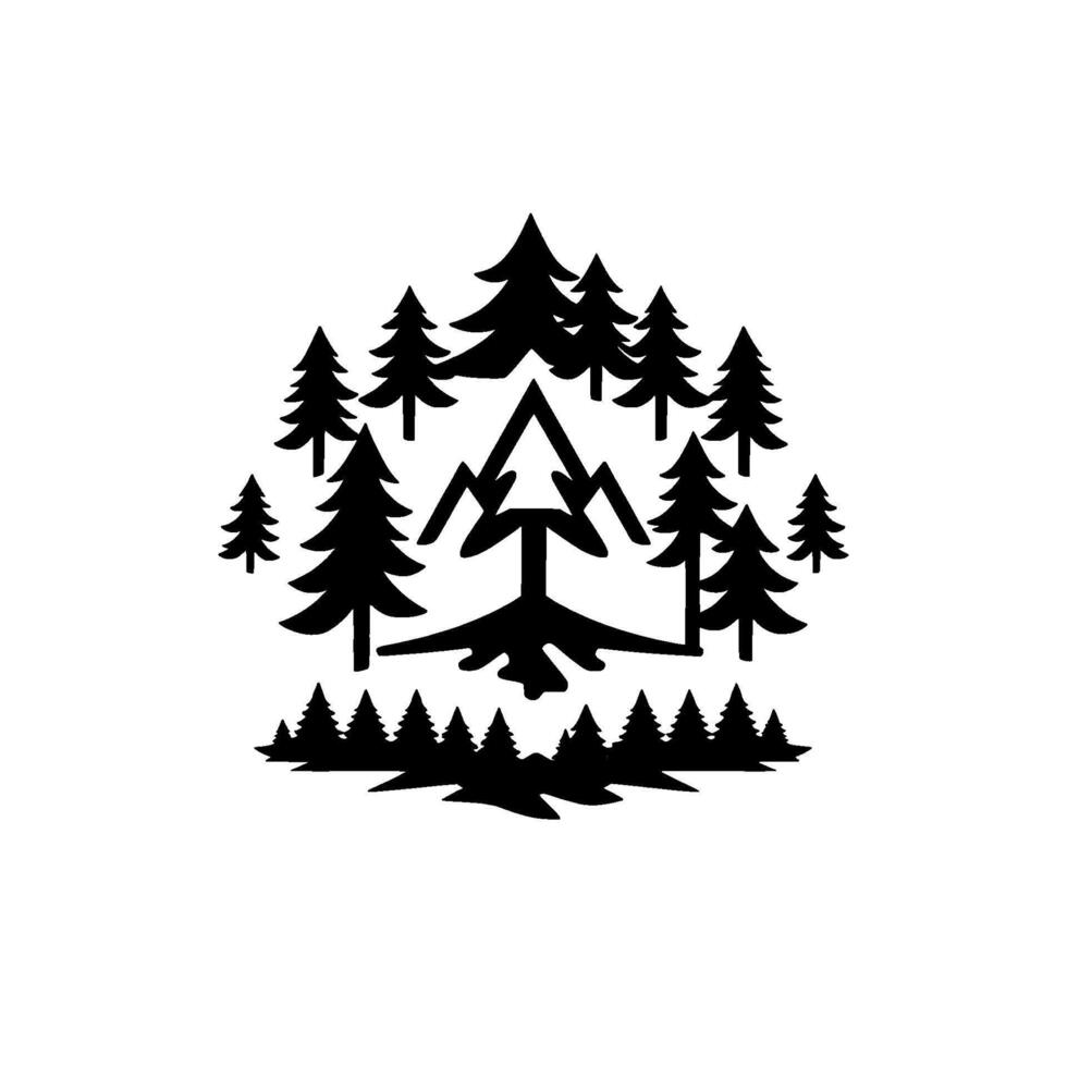 Silhouetted illustration of a stylized mountain range and forest, created in a bold, minimalist blackandwhite for outdoor adventure. vector