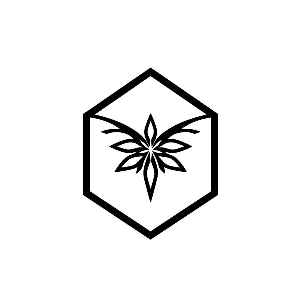 Minimalist Floral Emblem Within a Hexagonal Frame, a Black and White Suggesting Nature and Geometry. vector