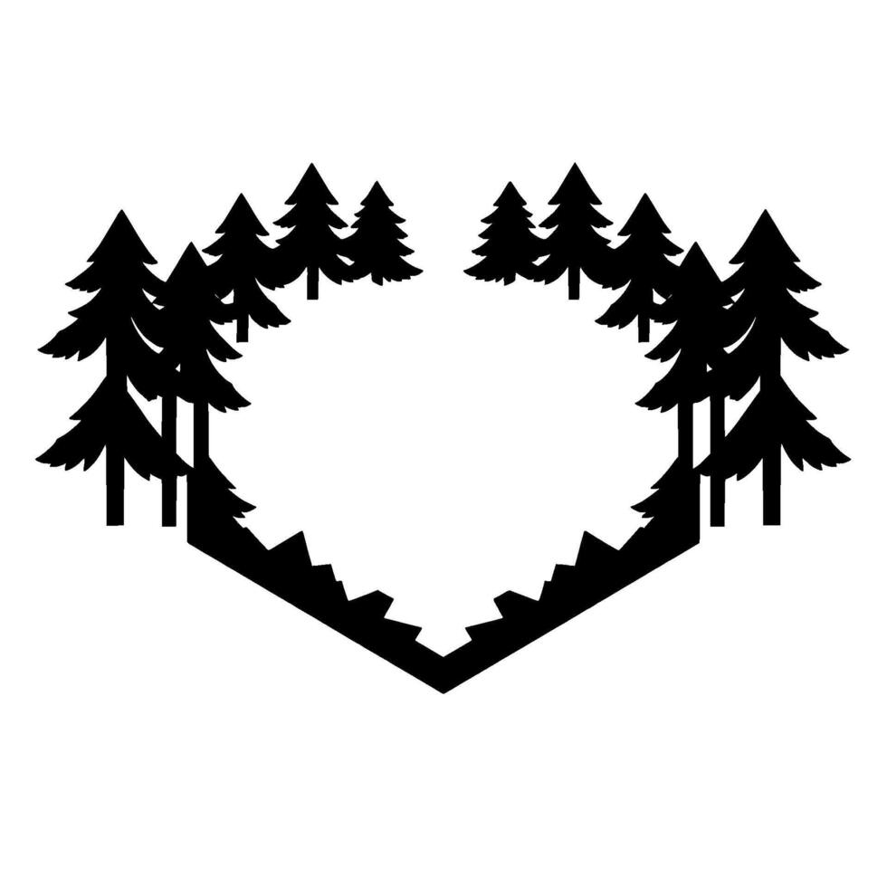 Silhouetted forest of pine trees framing a geometric heart shape, minimalist black and white , nature . vector