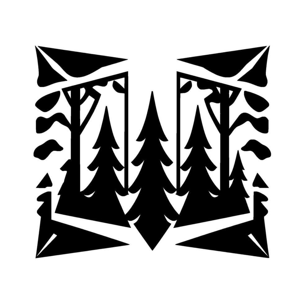 Abstract illustration of a minimalist forest scene in black and white, featuring trees, firs, and foliage within a symmetrical composition. vector