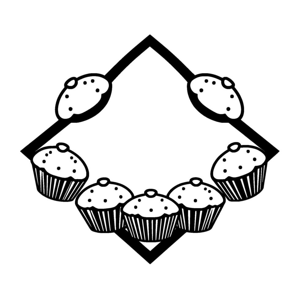 A symmetrical black and white illustration of a diamondframed cupcake ensemble, arranged in a decorative pattern with a minimalist aesthetic. vector