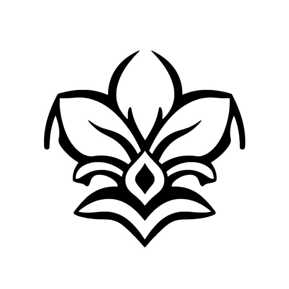 Symmetrical Black and White Floral with Stylized Petals and Geometric Elements on a Clean White Background. vector