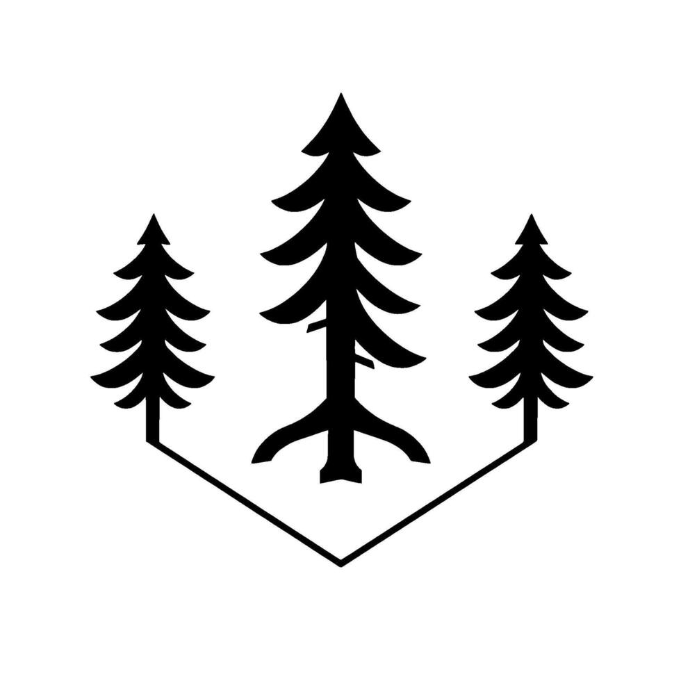 Minimalist Black and White Forest Three Pine Trees Enclosed in a Hexagonal Frame, Representing Nature and Outdoors. vector