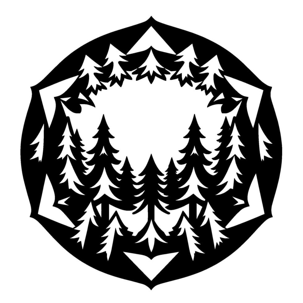 Intricate Black and White Cutout Illustration of Forest Scene Within a Decorative Geometric Frame, Showcasing Nature. vector