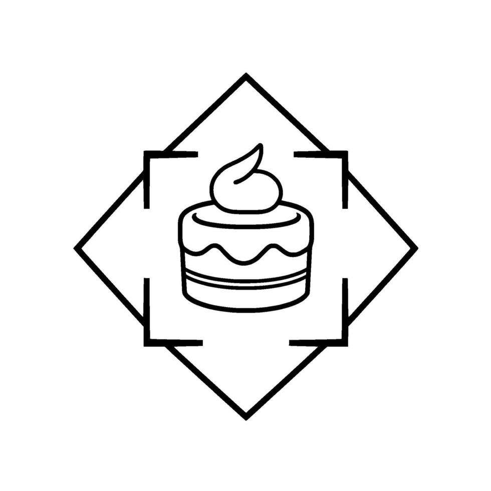 A simple, stylized line art illustration featuring a small, layered cake with frosting, framed within a diamondshaped border and a central target rectangle. vector