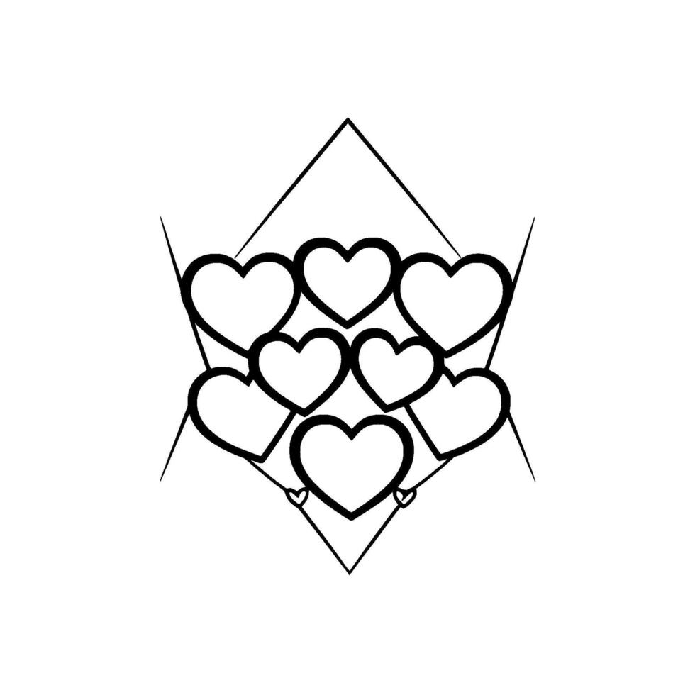 Geometric heart arrangement a symmetrical of nine hearts enclosed within a stylized triangular frame, with minimalist lines. vector