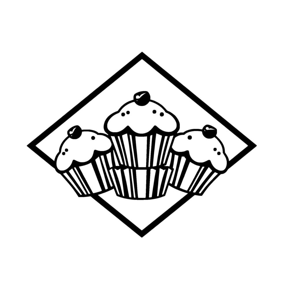 Black and white of three cupcakes in a diamond frame, each with a cherry on top. vector