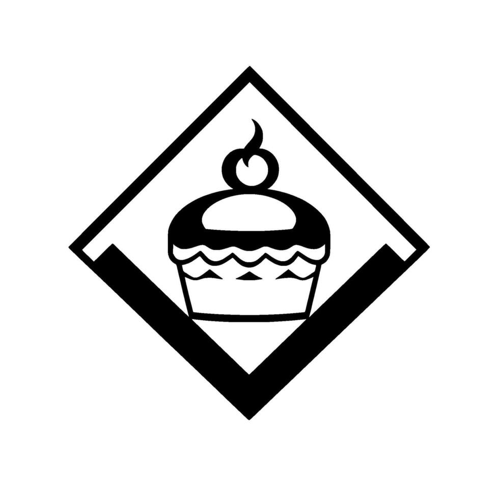 A bold, stylized illustration of a cupcake topped with a cherry, enclosed within a diamondshaped frame, rendered in black and white. vector