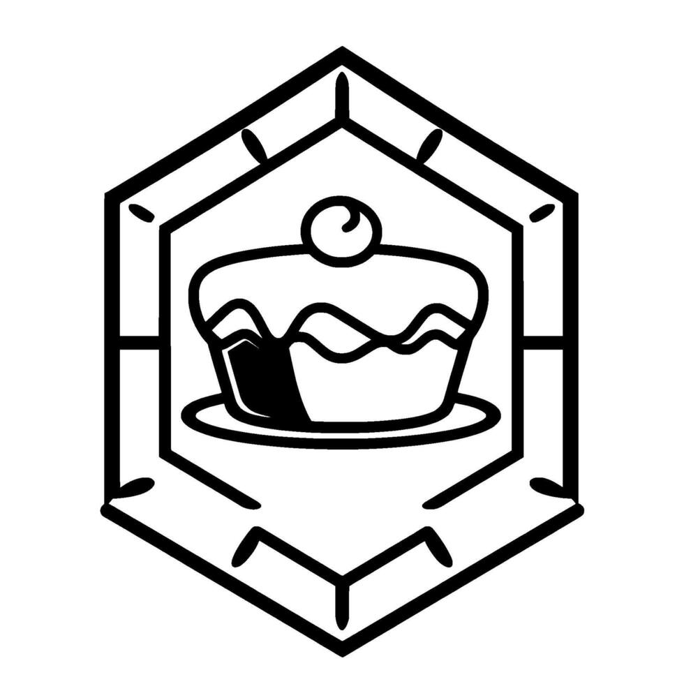 Minimalist Black and White Featuring a Cake Adorned with a Cherry in a Geometric Hexagonal Frame. vector