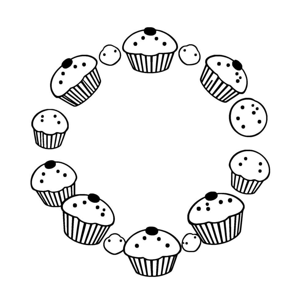 Black and White Circular Pattern of HandDrawn Cupcakes and Dotted Treats, Forming a Sweet Dessert Frame. vector