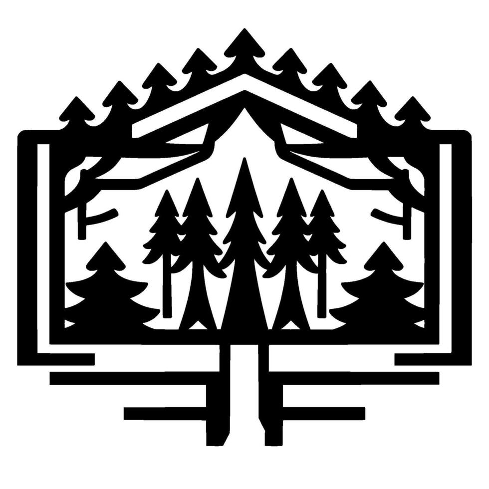 A bold, minimalist forest in black and white, featuring stylized pine trees within a framed geometric , suggesting nature and the outdoors. vector