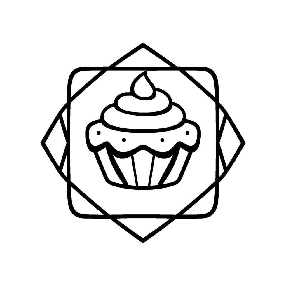 Simple Black and White Illustration of a Cupcake in a Square and Diamond Border, Bakery vector