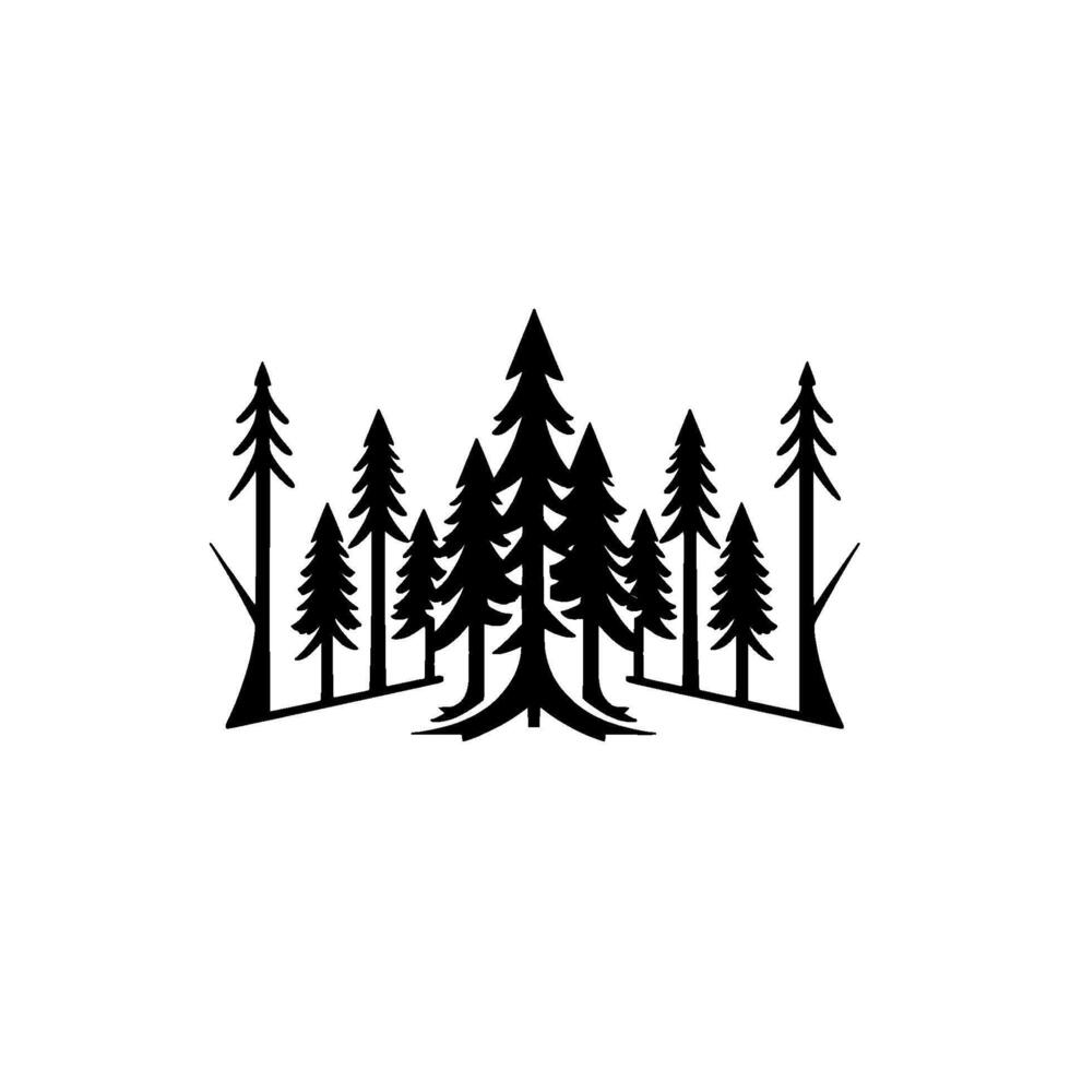 Minimalist black and white illustration of a forest of evergreen trees on a white background, creating a bold natural aesthetic. vector