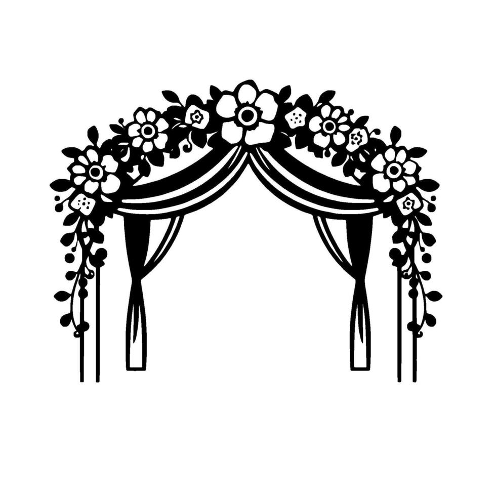 Elegant Black and White Floral Arch for Weddings or Special Events, Featuring Drapery and Detailed Botanical Elements vector